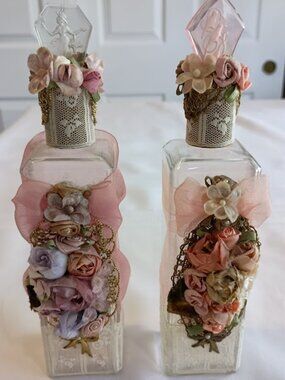 Vintage Decorative Glass Perfume Bottles with Floral Accents, Set of Two